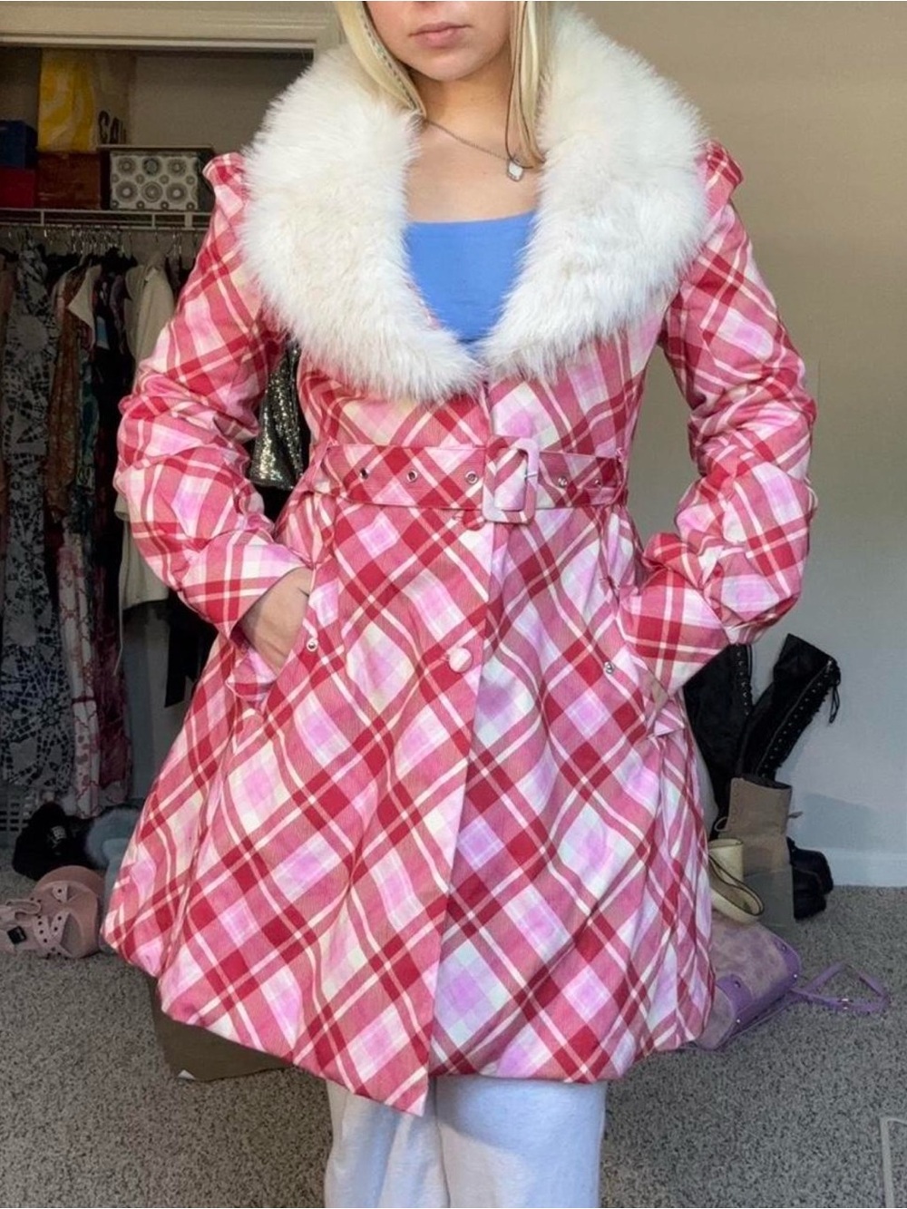 Sugar Thrillz Pink Plaid Belted Pea Coat with White Faux Fur Collar Size M